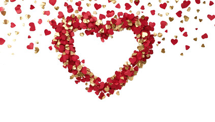 Heart-shaped design of red and gold confetti on black background