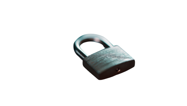 A metallic padlock, rendered in a stylized manner