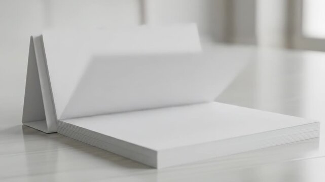 A blank, white, tabletop calendar, open, rests on a light-colored surface, with a slightly gray metallic stand