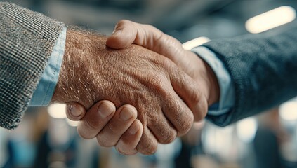 Close-up of two hands shaking, signifying a business deal or agreement.  Hands are mature, with visible texture and creases.  Blurred background suggests a bustling industrial or corporate environment