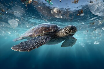 Obraz premium Sea turtle swimming among ocean plastic waste highlighting ocean pollution and environmental crisis. Marine life endangered by human waste. Sea turtle trapped in polluted ocean 