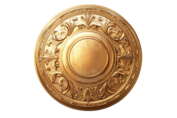 Ornate oval gold medal with intricate border isolated on transparent background. Round gold shield isolated on a white background.