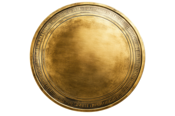 Ornate oval gold medal with intricate border isolated on transparent background. Round gold shield isolated on a white background.