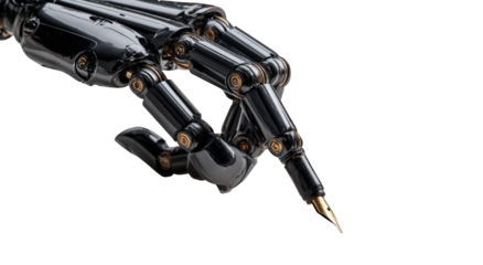 Close-up of a metallic robot hand holding a pen