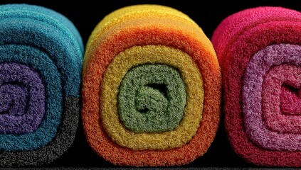 Close-up of three rolled towels in vibrant rainbow colors
