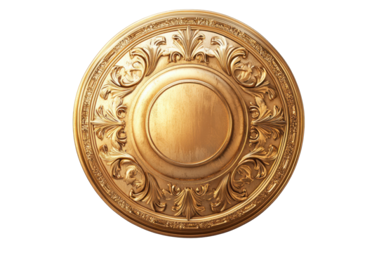 Ornate oval gold medal with intricate border isolated on transparent background. Round gold shield isolated on a white background. - Powered by Adobe