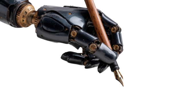 A detailed close-up of a mechanical arm holding a pen