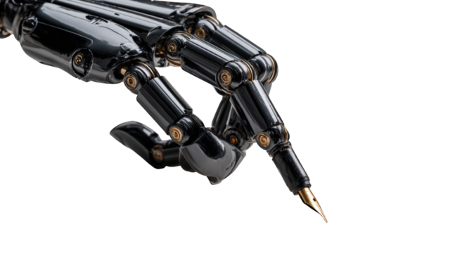 Close-up of a metallic robot hand holding a pen