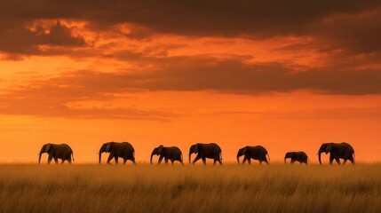Fototapeta premium Silhouetted elephants in savanna at sunset
