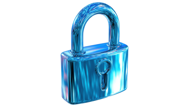 A stylized, glassy blue padlock