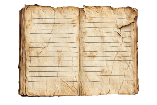 Aged and burnt parchment paper with horizontal lines isolated on transparent background. Antique look and lined pattern perfect for notes isolated on white background.