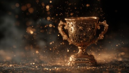 Golden trophy amidst a dramatic, dark background.  Sparkling, golden particles and smoke surround a vintage-style trophy. 