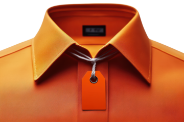 Orange textured dress shirt with collar and tag isolated on transparent background.
