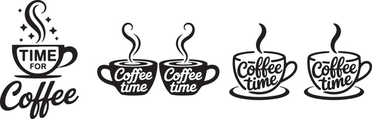 A collection of black-and-white stylized coffee cups and mugs with artistic steam and various "Coffee Time" and "Time for Coffee" typography.