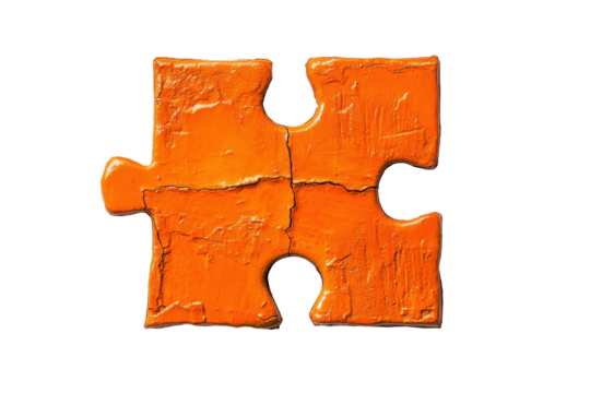 Single orange textured puzzle piece isolated on transparent background. Orange textured puzzle piece with a rough surface isolated on white background.