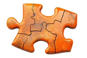 Single orange textured puzzle piece isolated on transparent background. Orange textured puzzle piece with a rough surface isolated on white background.