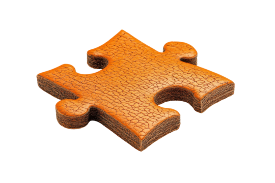 Single orange textured puzzle piece isolated on transparent background. Orange textured puzzle piece with a rough surface isolated on white background.