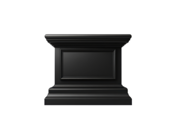 Ornate black pedestal for display isolated on transparent background. Black podium isolated on white background.