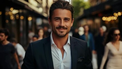 Charming gentleman in formal attire smiles confidently while strolling through a vibrant city street during the evening hours