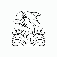 Happy Dolphin Jumping Ocean Wave Cute Cartoon Vector Illustration