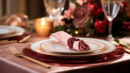 Elegant dinner table setting with floral decorations and candlelight for a special occasion at an upscale venue
