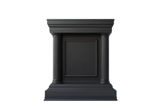 Classical pedestal with columns isolated on transparent background. Black podium isolated on white background.