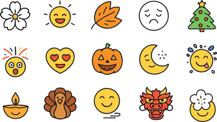 Fototapeta premium Collection of colorful cartoon icons representing holidays seasons and emotions including a flower sun leaf sad face christmas tree turkey pumpkin moon dragon and diwali lamp