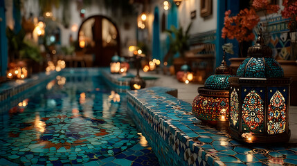 Moroccan lanterns glowing in tiled courtyard