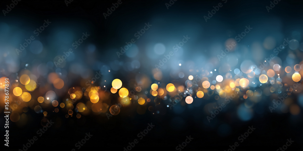 Poster abstract bokeh lights creating a mesmerizing visual display, with golden and blue hues, perfect for 