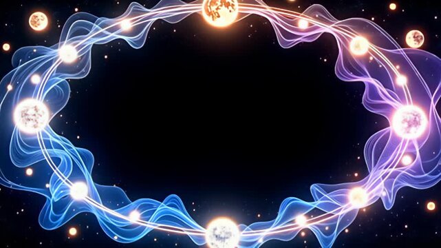 Engage with a captivating Celestial Border Frame orbiting with glowing moons, surrounded by a plethora of vibrant energy waves that pulse and flicker rhythmically, creating a harmonious