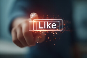 A person's hand reaching towards a glowing "like" icon on a floating holographic social media interface, symbolizing digital interaction.