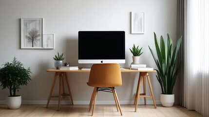 Minimal home office with computer on wooden desk and plants, clean aesthetic