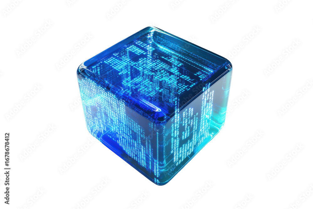 Poster blue glass cube with internal texture isolated on transparent background. blue software code isolate