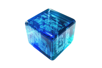 Blue glass cube with internal texture isolated on transparent background. Blue software code isolated on white background, 3d rendering.