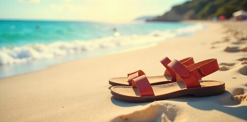 Obraz premium Relaxing beach scene featuring stylish sandals, toes in the sand, sun-kissed shoreline, perfect for summer vacation or travel imagery , escape, vacation, carefree