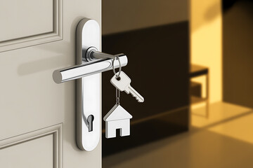 Modern chrome door handle with house keys; new home, real estate concept; warm, inviting interior background.