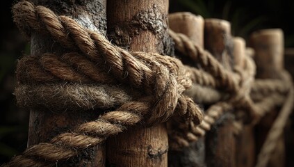 Close-up of rustic rope tied around wooden posts