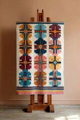 Vibrant geometric patchwork quilt on wooden stand against neutral wall for interior design,Black History Month