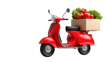 Obraz premium Red scooter carrying a box of fresh produce