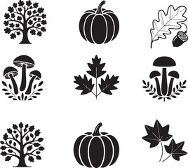 A grid of black-and-white autumn-themed symbols, including maple trees, pumpkins, mushrooms, and various detailed fall leaves.