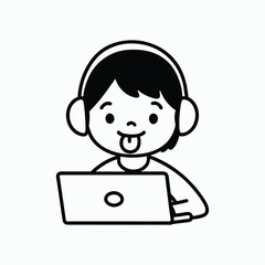 Cute Boy Laptop Headphones Cartoon Child Learning Vector Illustration