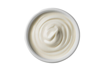 Top view of a bowl of creamy white yogurt isolated on transparent background. Close-up view of smooth creamy mayonnaise in a white bowl isolated on white background.