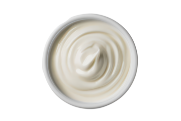 Top view of a bowl of creamy white yogurt isolated on transparent background. Close-up view of smooth creamy mayonnaise in a white bowl isolated on white background.