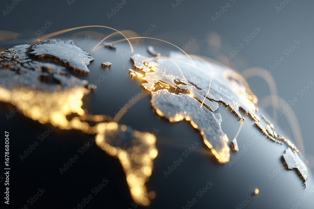 Aufkleber a close-up shot of a detailed world globe illuminated with connecting lines, representing global net