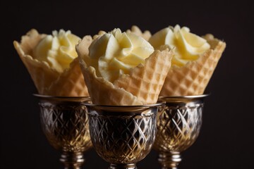 Golden waffle cones perched in ornate goblets brim with lemony swirls, invoking Sacher-Masoch Days whimsical indulgence