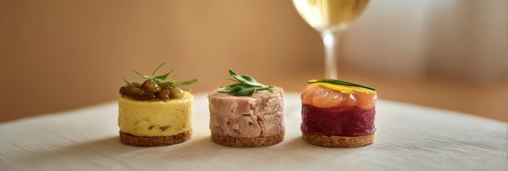 Tiny gourmet towers tempt taste buds, celebrating Bastille Day culinary artistry and eccentric canapes, paired with elegant aperitif joy