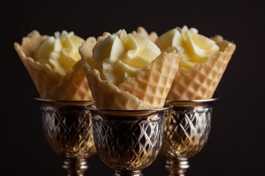 Golden waffle cones perched in ornate goblets brim with lemony swirls, invoking Sacher-Masoch Days whimsical indulgence