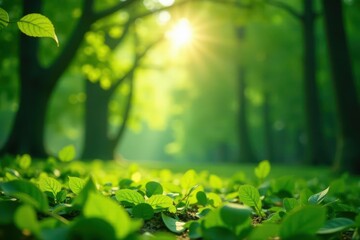 Fototapeta premium Sunlit Forest Floor with Vibrant Green Undergrowth and Blurred Background of Trees