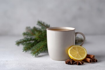 Cozy winter solstice tea scene with citrus zest and evergreen aroma, evoking Yule celebrations and hygge warmth