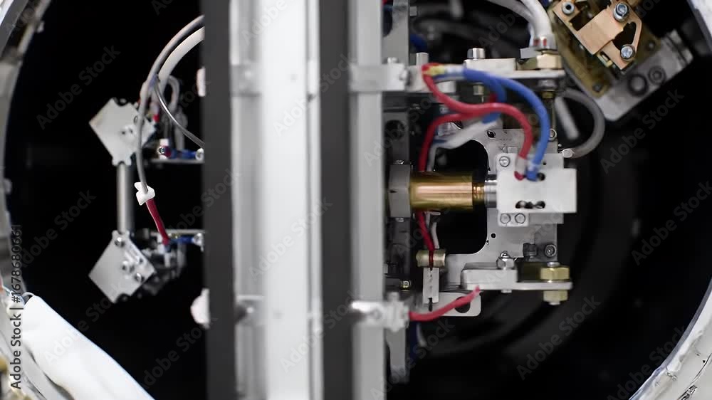 Poster detailed close up of intricate microgravity experiment with red and blue wires metallic components a
